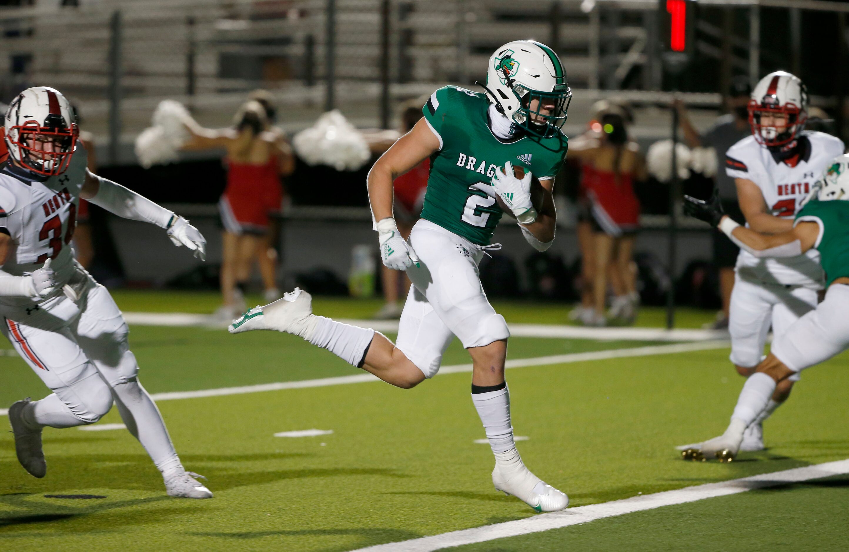 Southlake Carroll’s Owen Allen (2) scores a rushing touchdown against Rockwall Heath during...