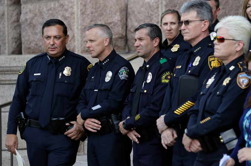 Houston Police Chief Art Acevedo, from left, Austin Police Chief Brian Manley, Dallas Police...