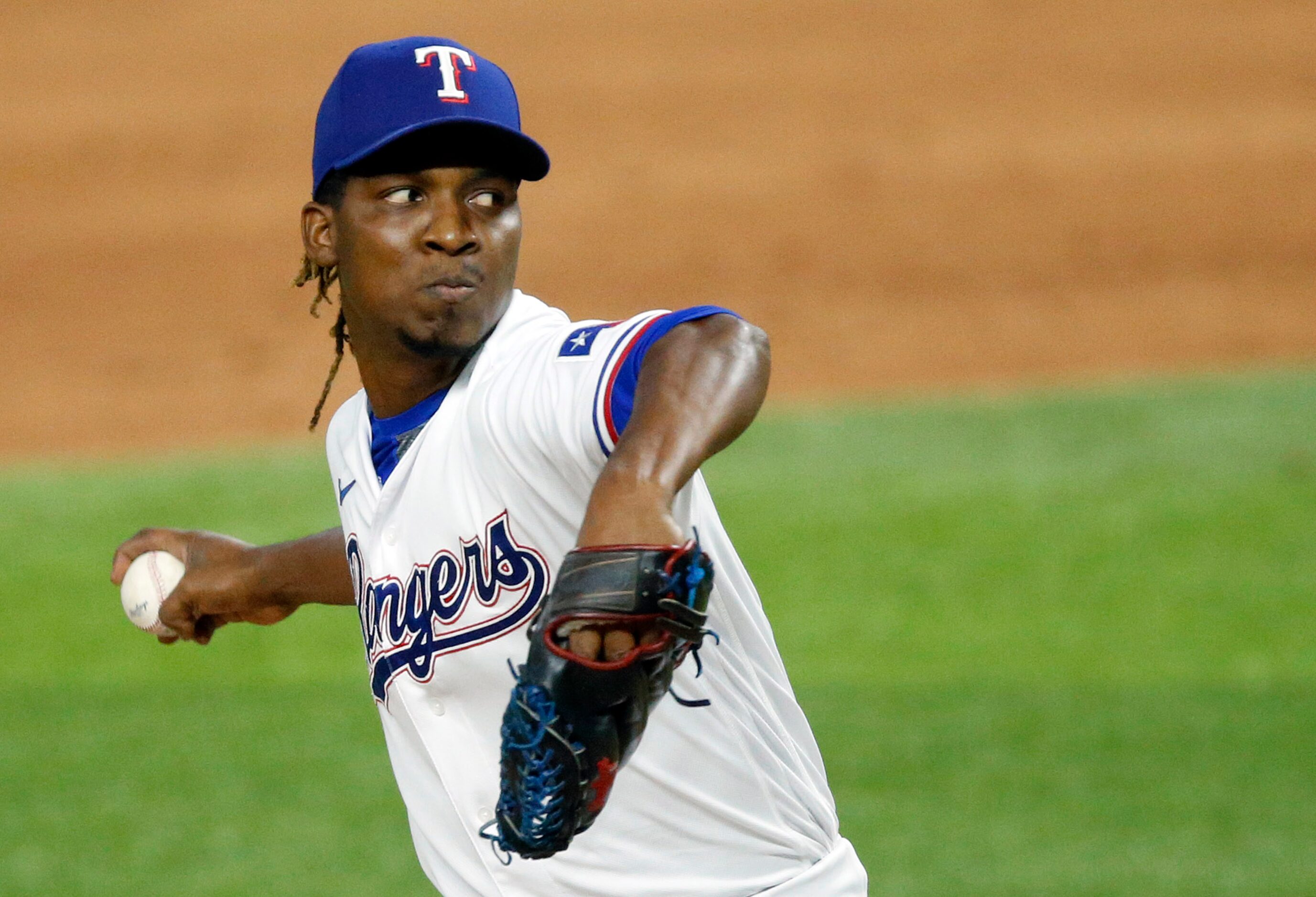 Texas Rangers relief pitcher Rafael Montero (48) throws against the Oakland Athletics in the...