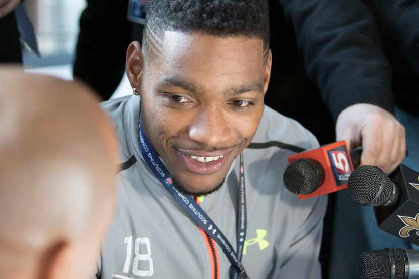 Feb 19, 2015; Indianapolis, IN, USA; Baylor wide receiver Antwan Goodley speaks to the media...