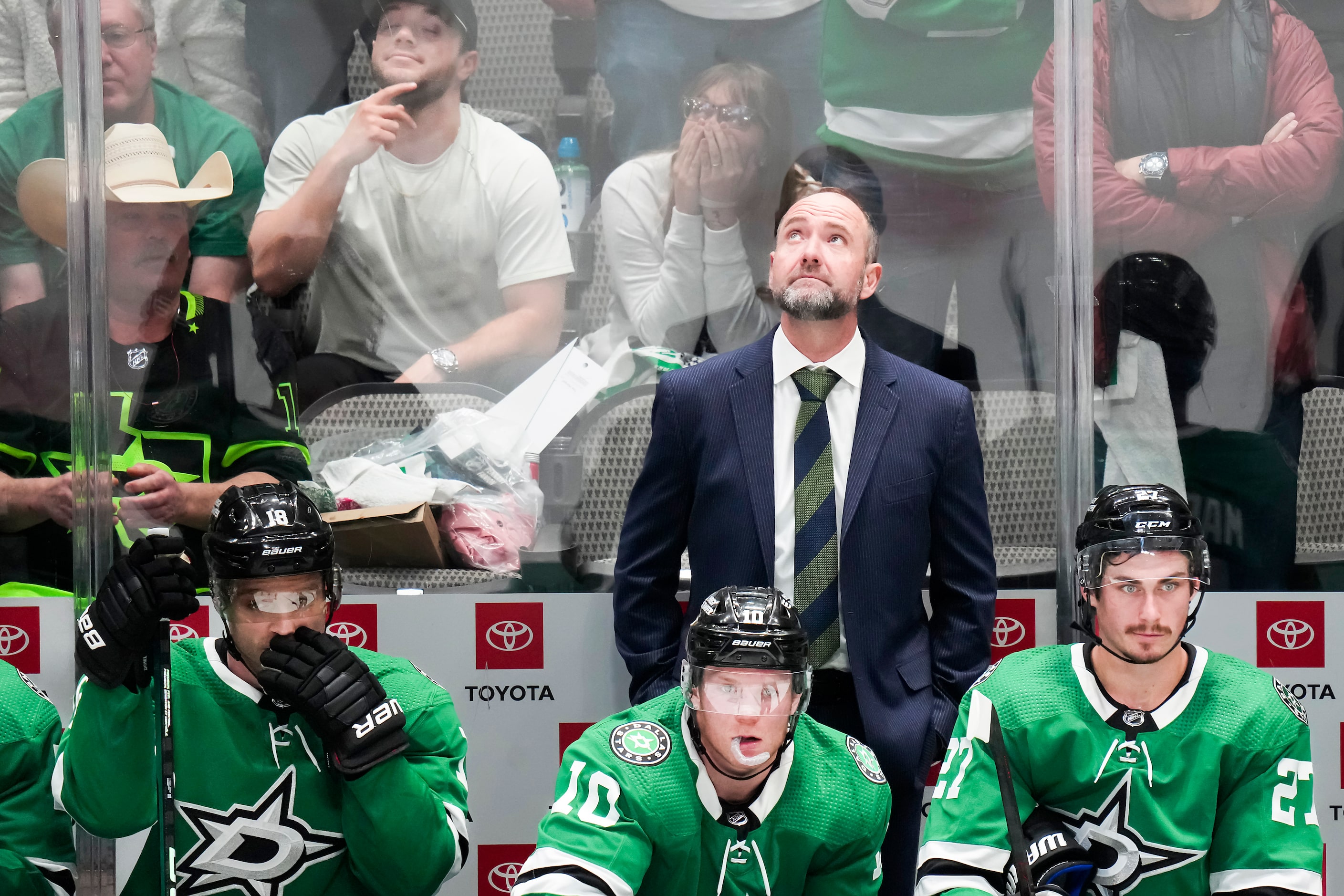 Dallas Stars head coach Peter DeBoer head coach Peter DeBoer looks on from the bench during...