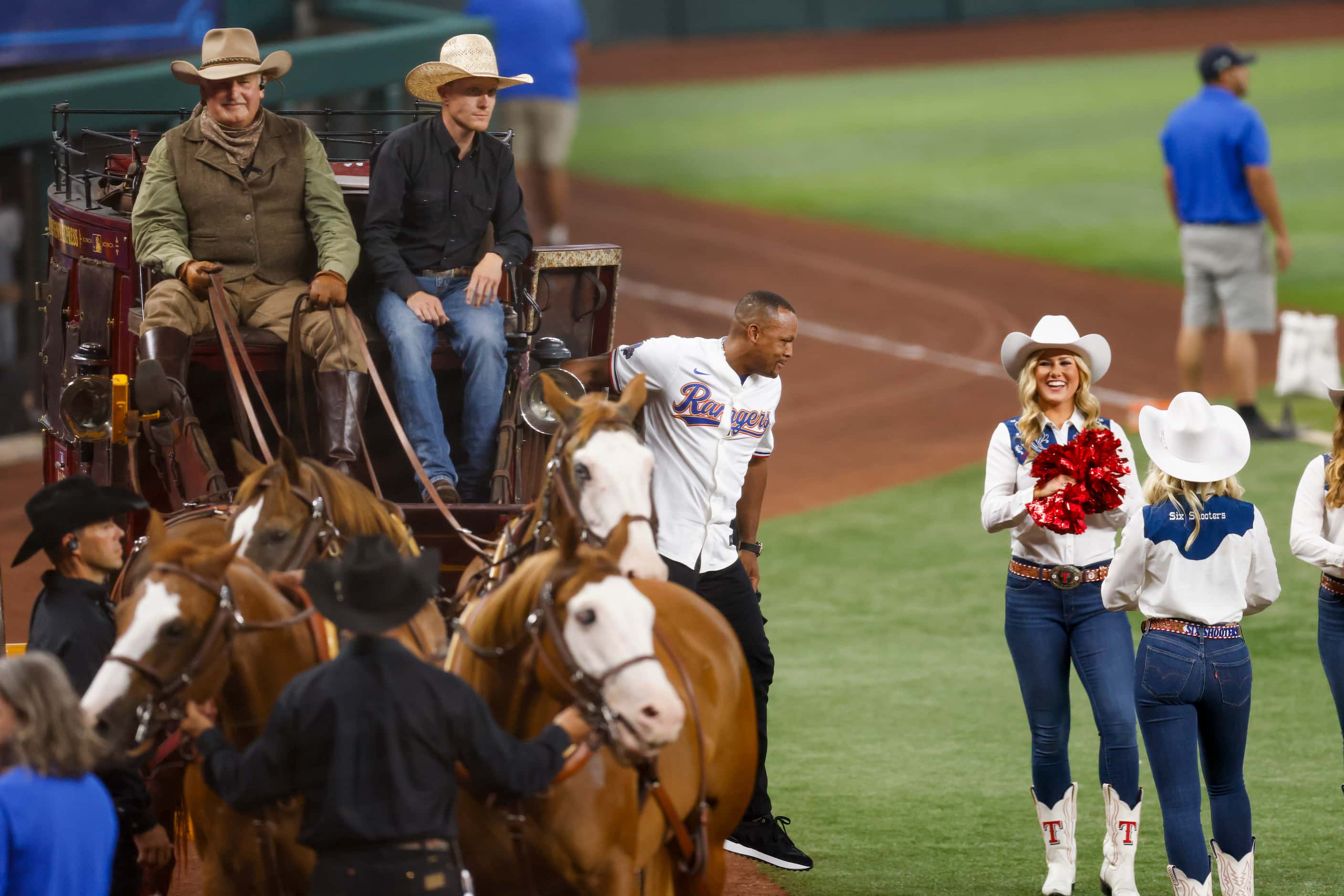 Former Texas Rangers third baseman Adrian Beltre steps out of the “Cooperstown Express”...