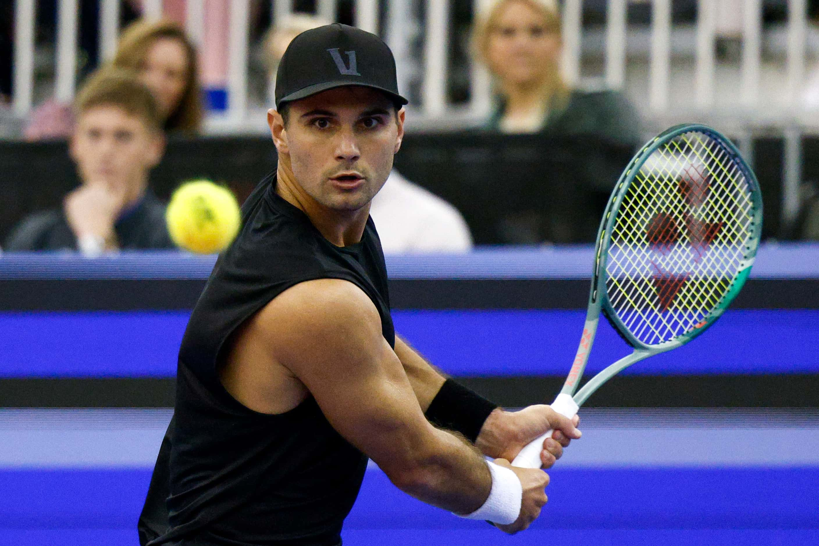 Marcos Giron of the U.S. eyes the ball before playing his shot during the second set of the...