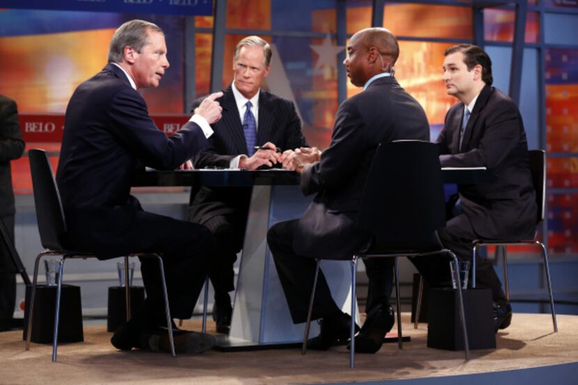 U.S. Senate Republican candidates David Dewhurst (left) and Ted Cruz (right) debate at WFAA...