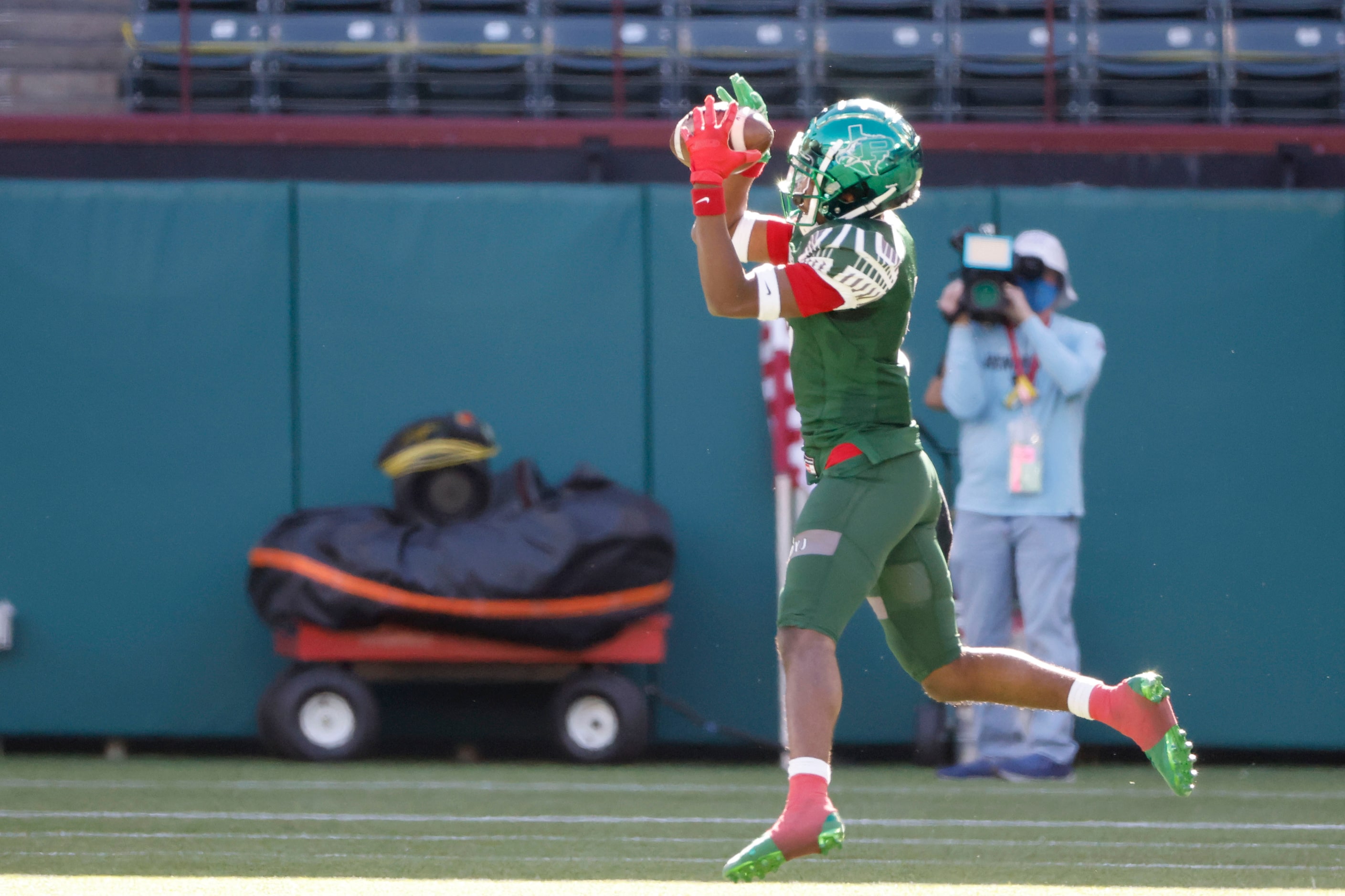 Prosper’s Tyler Bailey (8) catches the first of his two interceptions against Northwest...