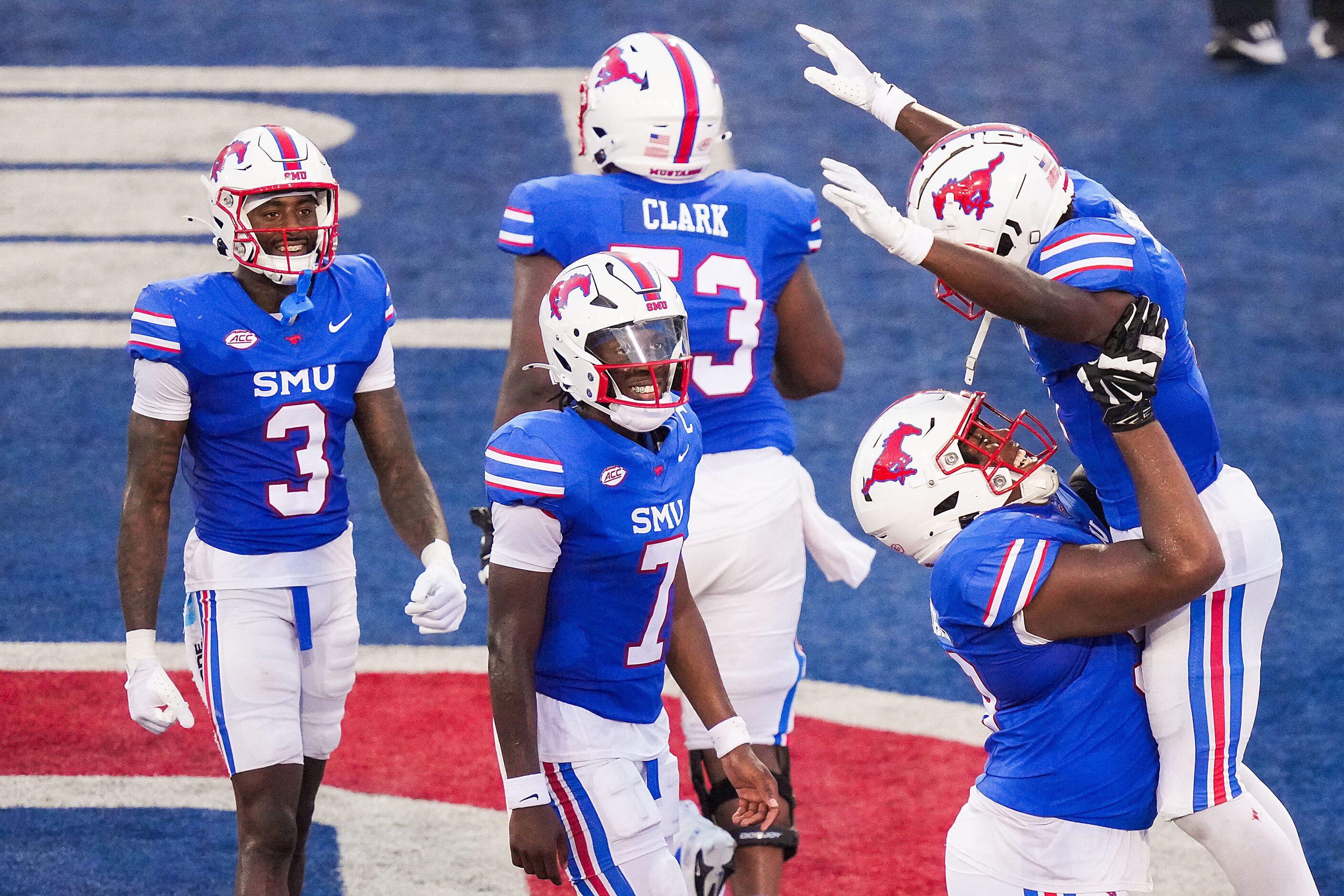 SMU running back Brashard Smith (1) celebrates after scoring on a touchdown with offensive...