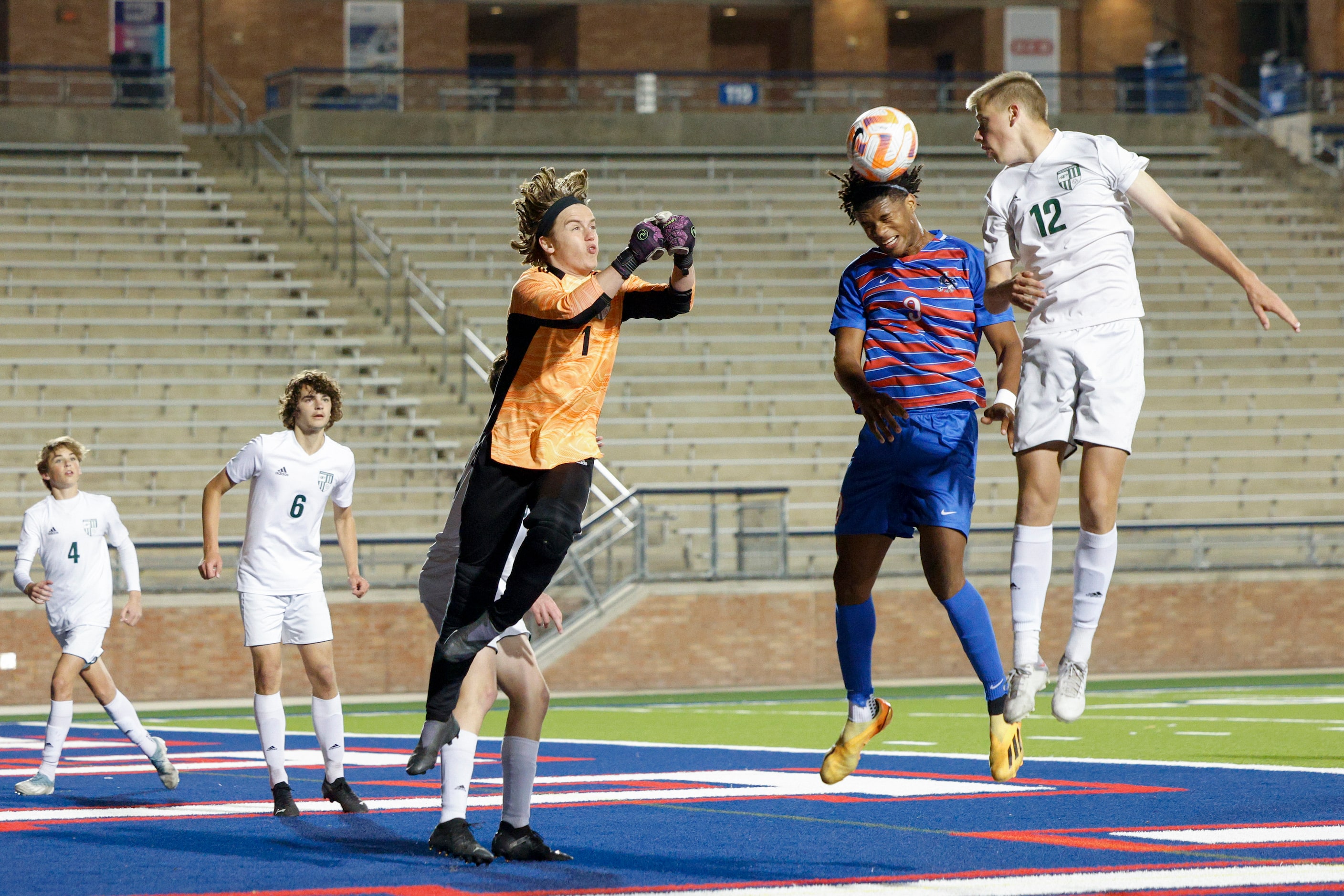 Allen’s Josh Daley (9) heads the ball towards goal near Prosper goalkeeper Paxton Bradley...