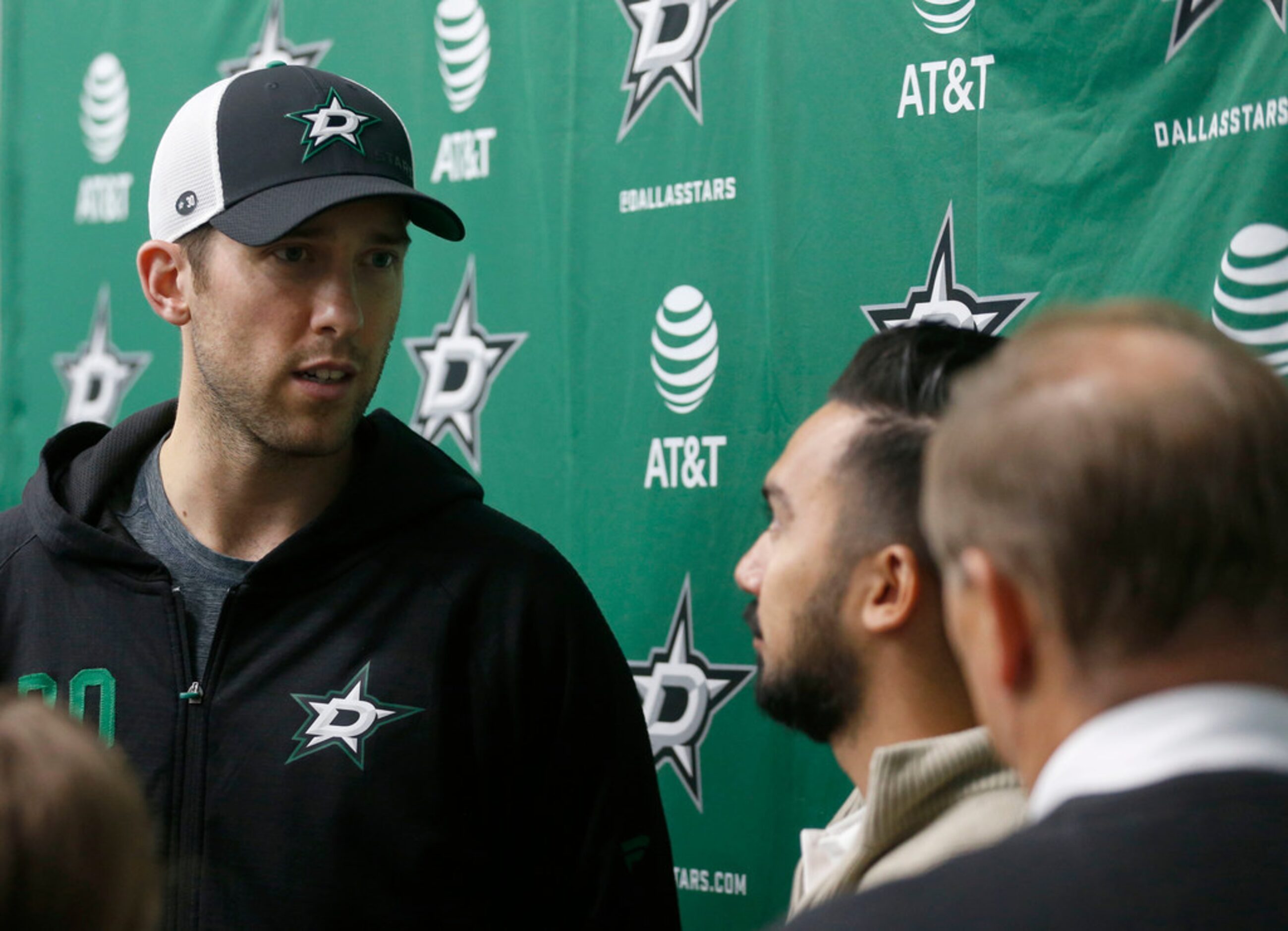 Dallas Stars goaltender Ben Bishop (30) answers questions from the media during Dallas Stars...