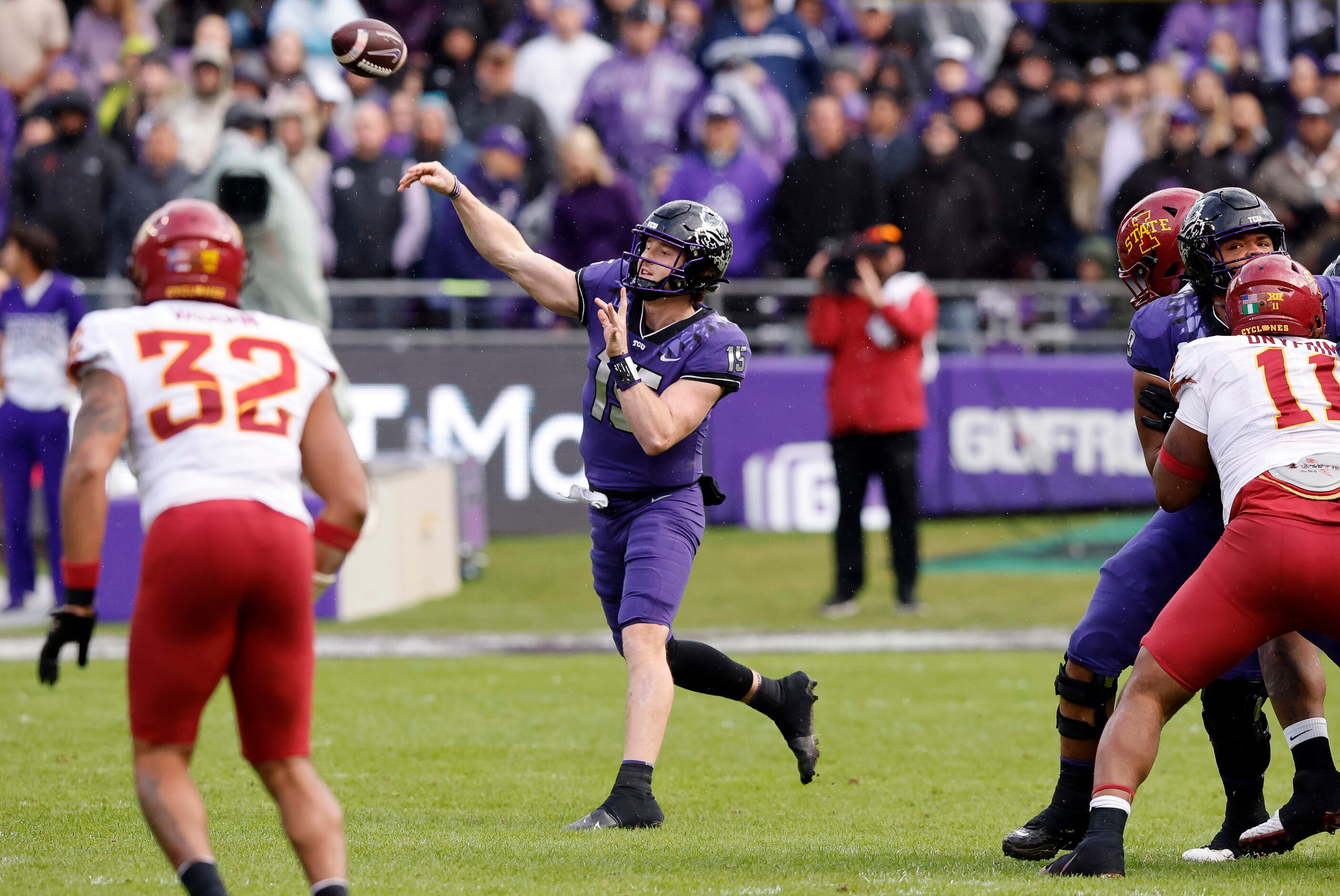 TCU Horned Frogs quarterback Max Duggan (15) throws a first quarter pass against the Iowa...