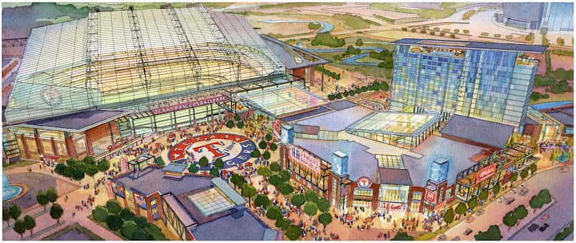 An artist's rendering envisions the proposed new Texas Rangers stadium and adjacent Texas...