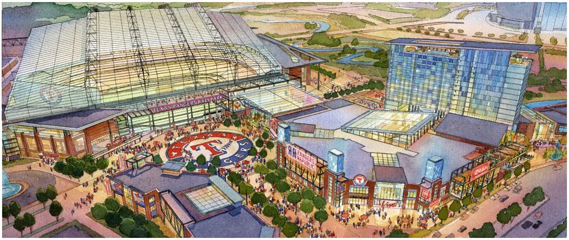 An artist's rendering envisions the proposed new Texas Rangers stadium and adjacent Texas...