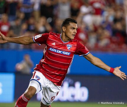 Cristian Colman celebrates scoring against Arabe Unido in CONCACAF Champions League play...