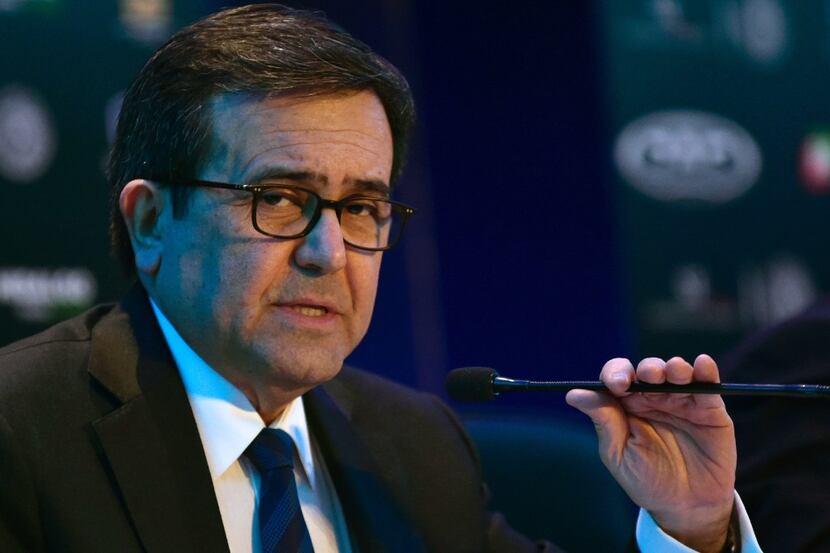 Mexican Economy Secretary Ildefonso Guajardo speaks during a press conference in which he...