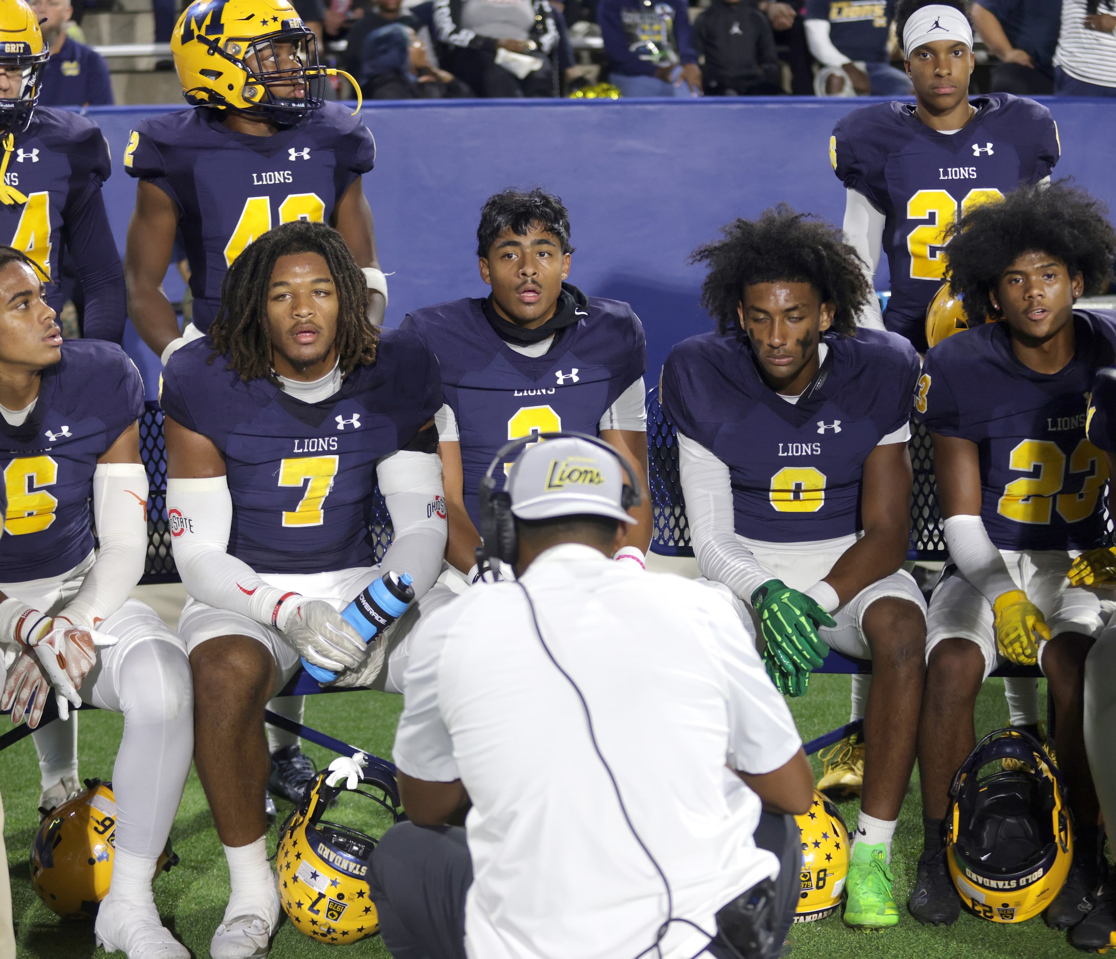 McKinney players huddle up during the Prosper Rock Hill High School versus McKinney High...