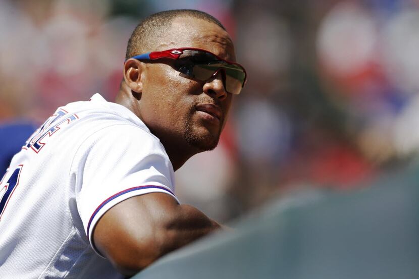 Texas Rangers third baseman Adrian Beltre (29) looks at the screen in a game against the Los...