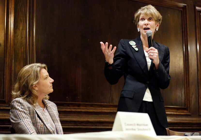 Dallas City Councilwoman Jennifer Staubach Gates (left) listens to former Dallas Mayor Laura...
