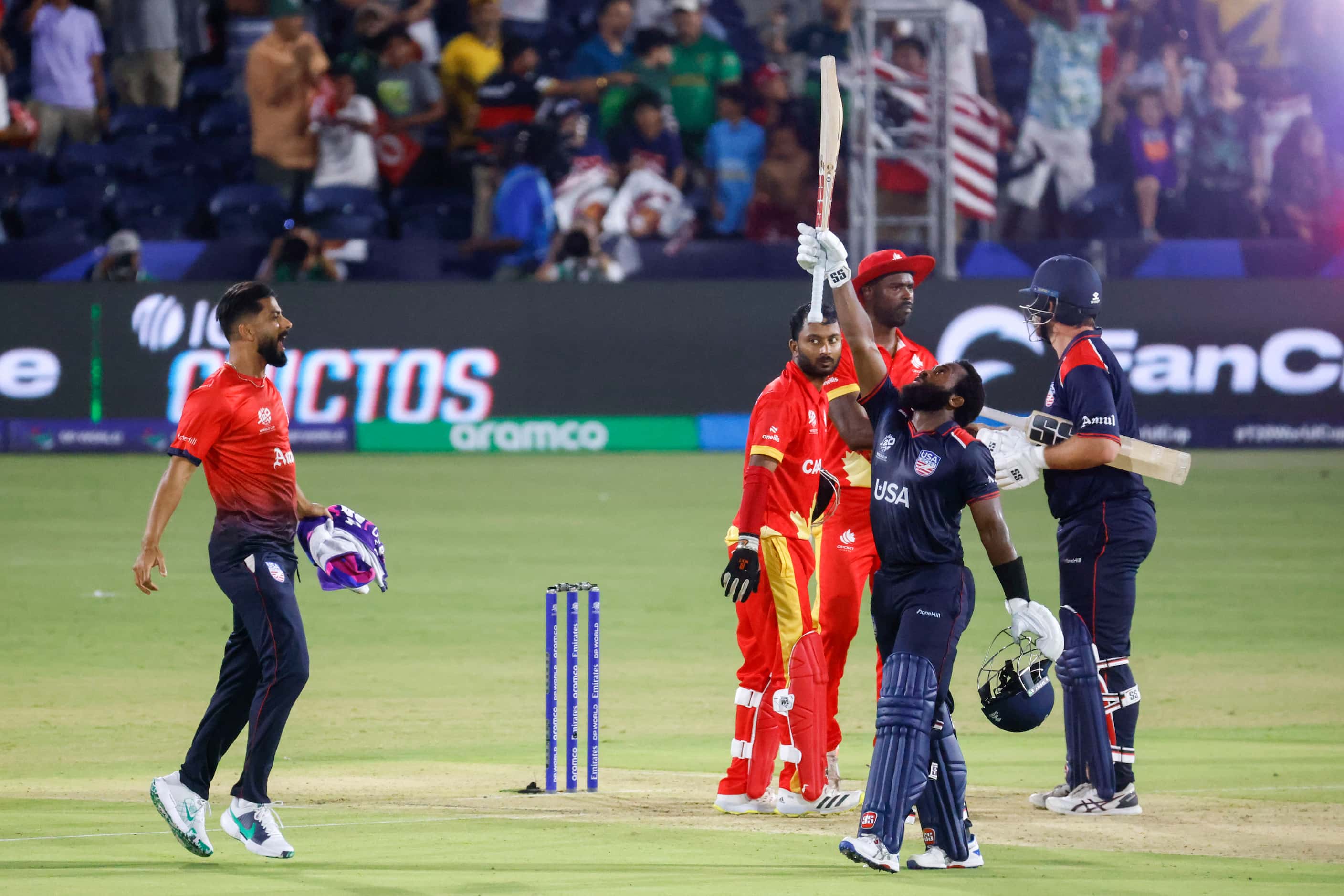 United States' Aaron Jones (right) reacts after hitting the winning runs during the men's...
