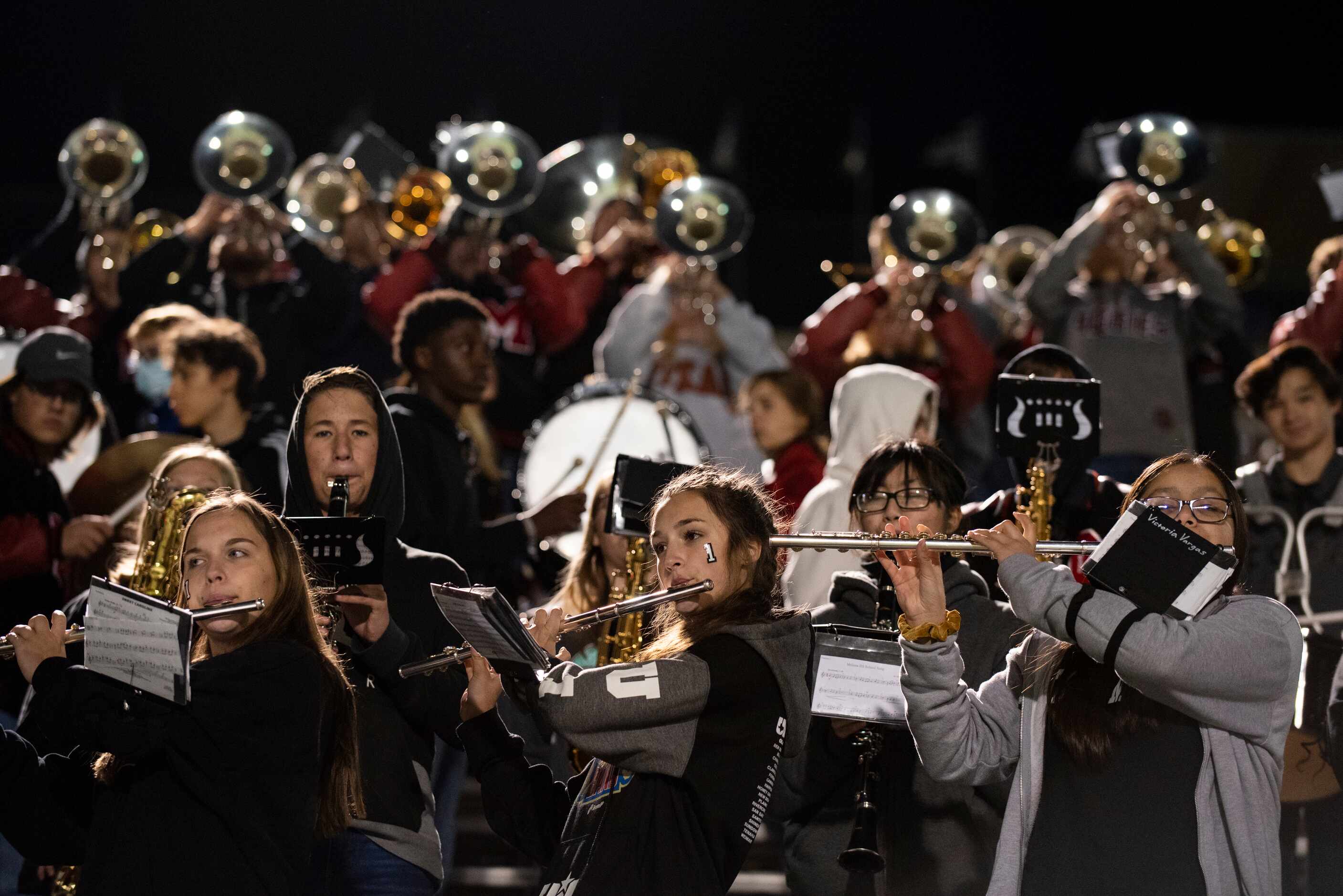 The Melissa Cardinal band performs during the first half of the Class 4A Division I...