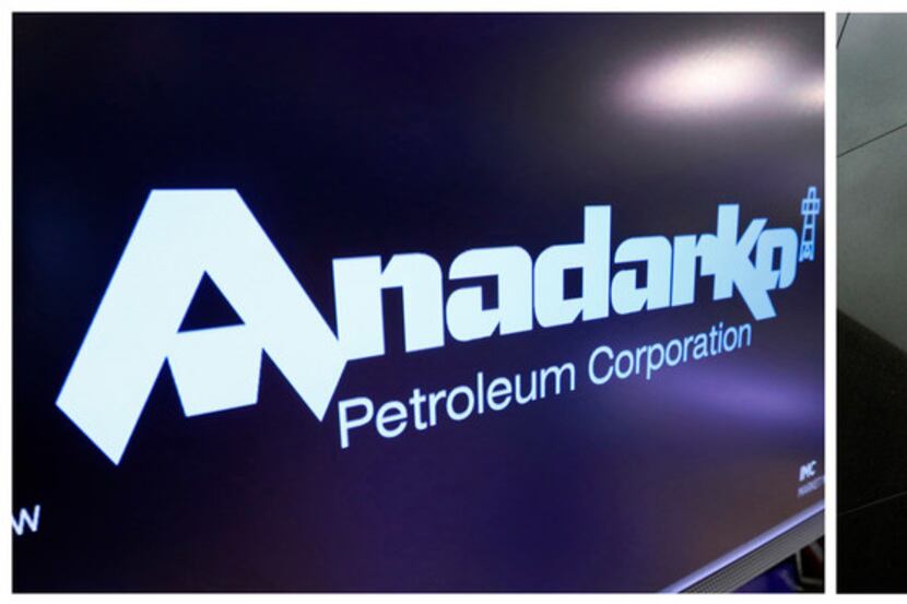 This combo of file photos shows the logo for Anadarko Petroleum Corp. on the floor of the...