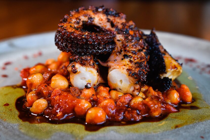 Roasted octopus with chickpeas, chorizo and cherry tomato 