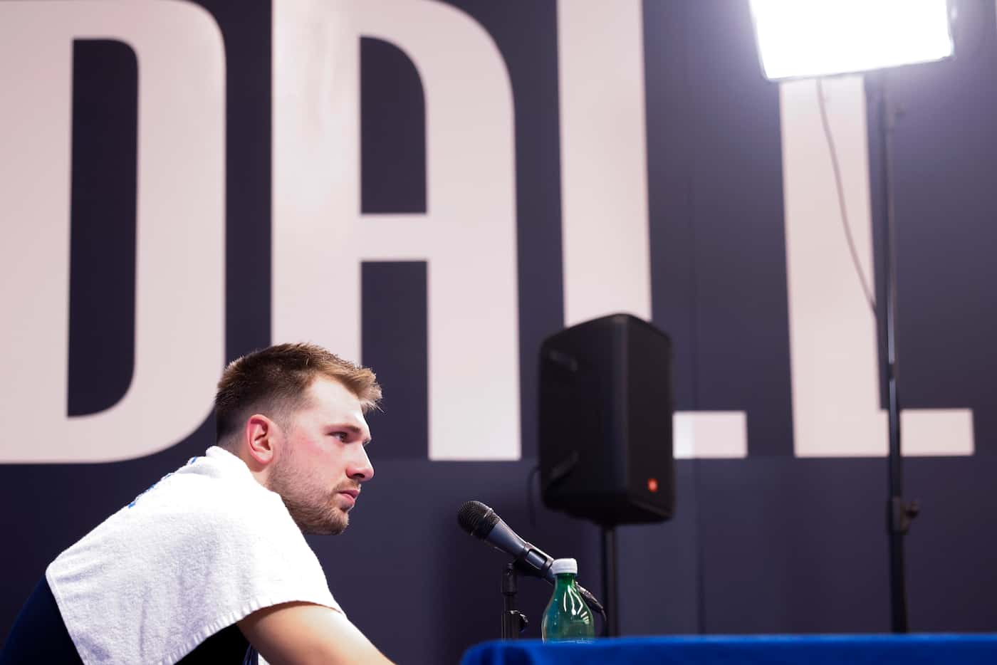 Dallas Mavericks guard Luka Doncic speaks during a press conference after their first...