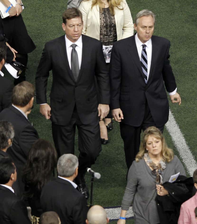 Former Dallas Cowboys quarterback Troy Aikman (left) and Dallas Cowboys director of public...