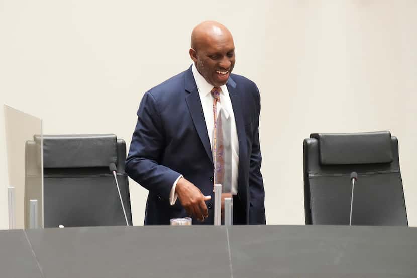 Dallas City Manager T.C. Broadnax arrives for a meeting of the  Dallas City Council on...