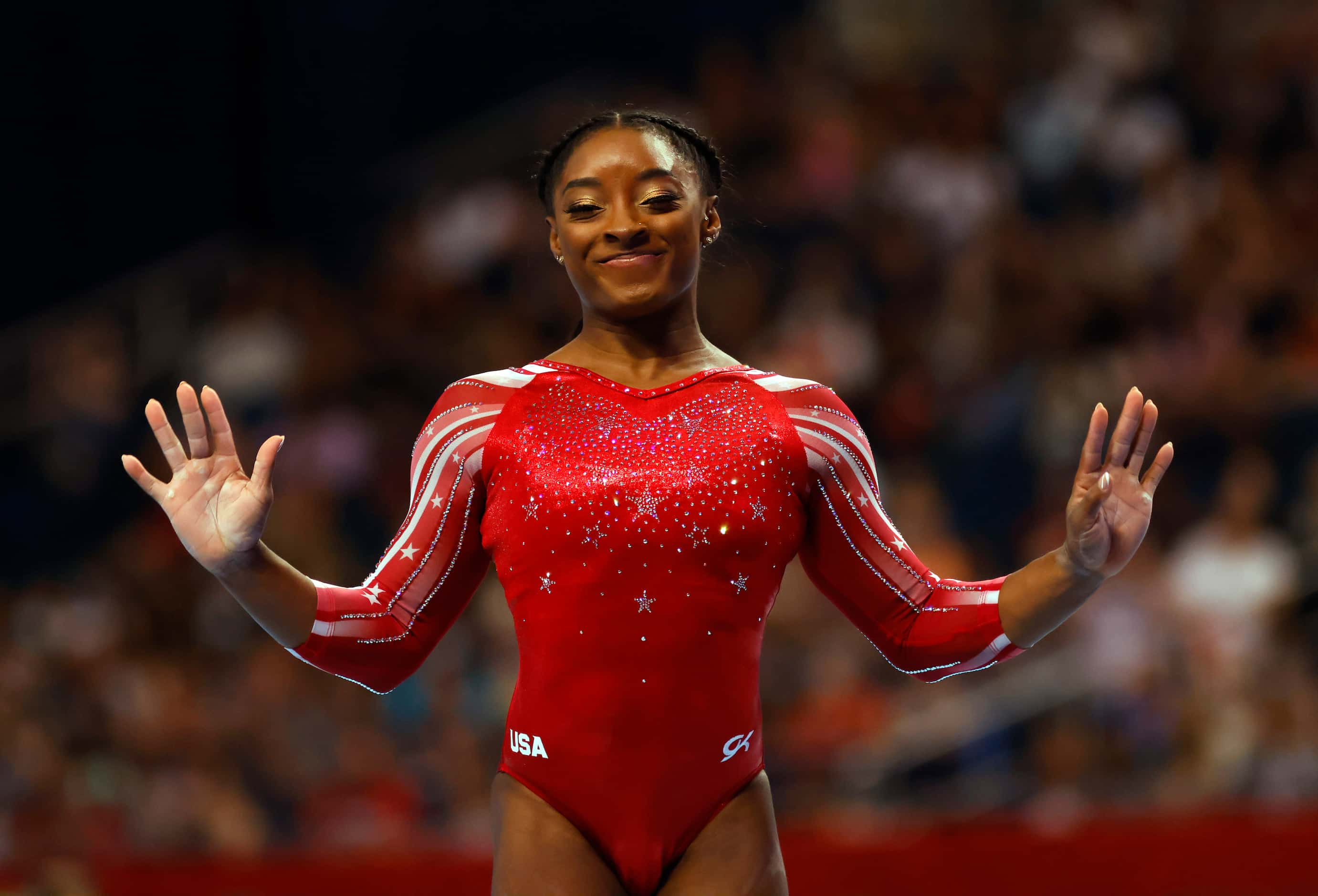 Simone Biles during her floor routine during day 2 of the women's 2021 U.S. Olympic Trials...