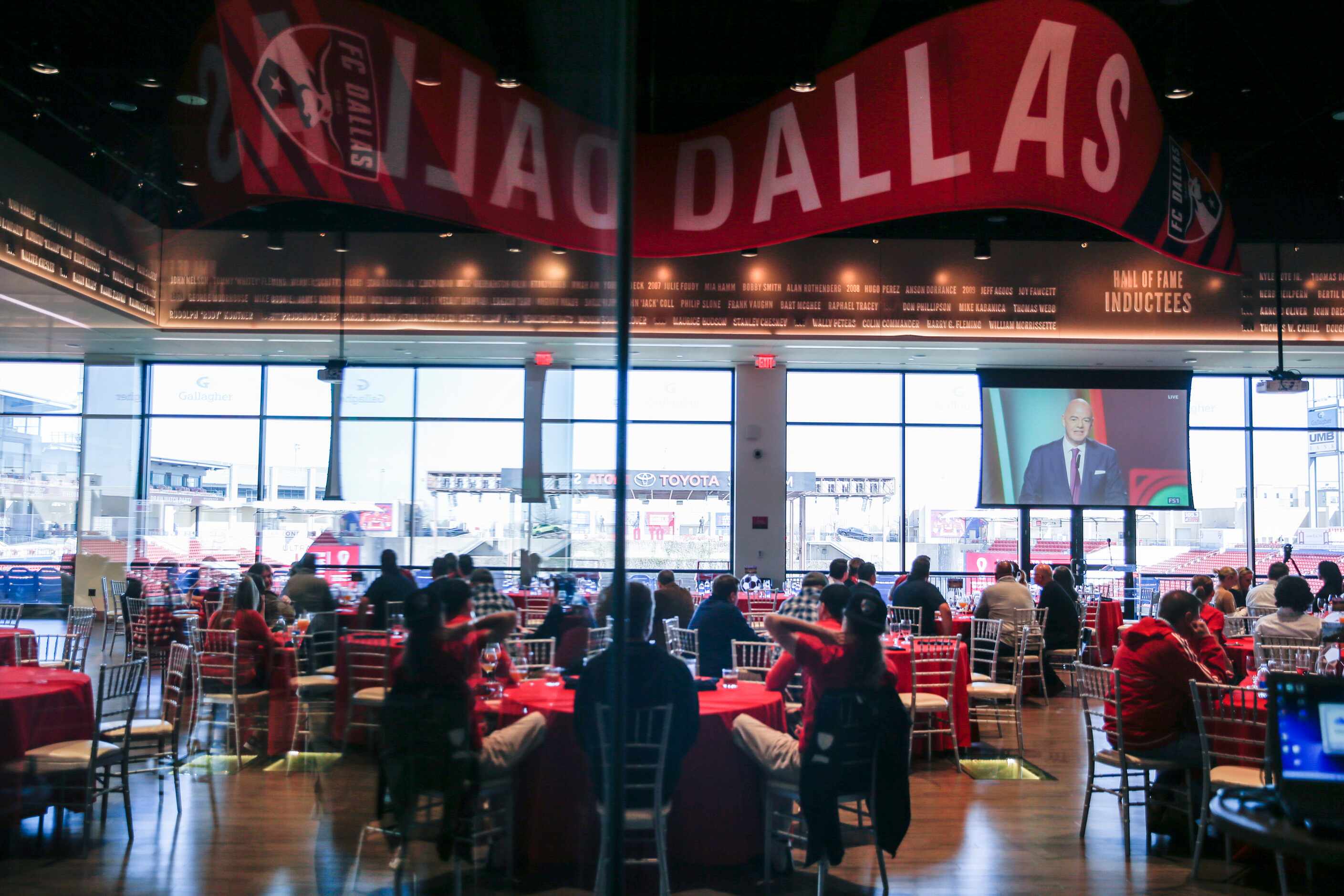 Patrons watch the FC Dallas' World Cup draw watch party on Friday, April 1, 2022 at the...