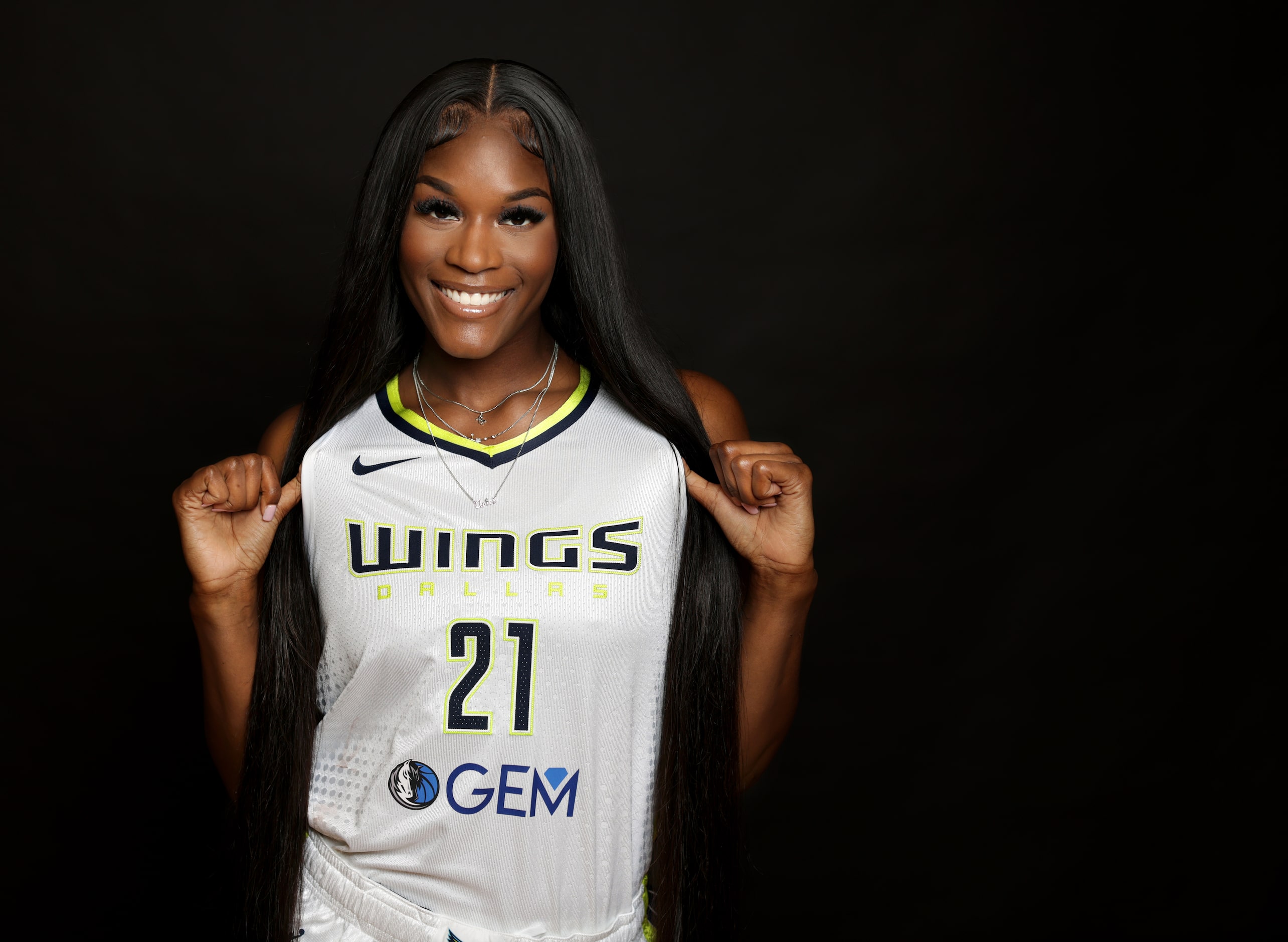 #21 Kalani Brown with The Dallas Wings poses for a photograph at College Park Center in...