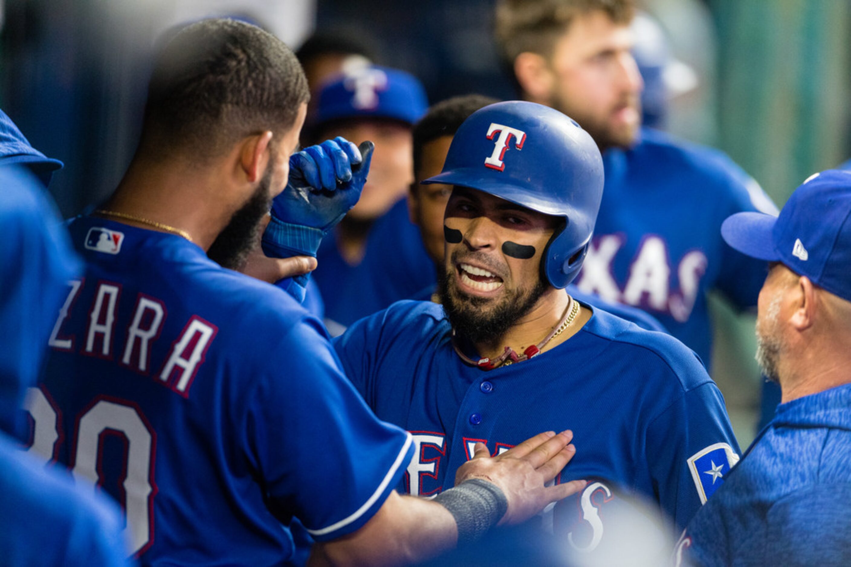 CLEVELAND, OH - APRIL 30: Robinson Chirinos #61 of the Texas Rangers celebrates in the...