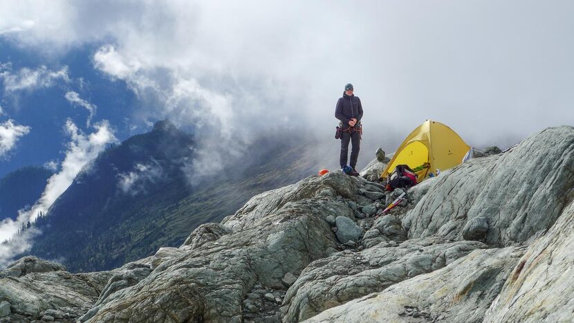 
A room with a view: Conrad Yager settles into the bivouac campsite on the toe of Mount...