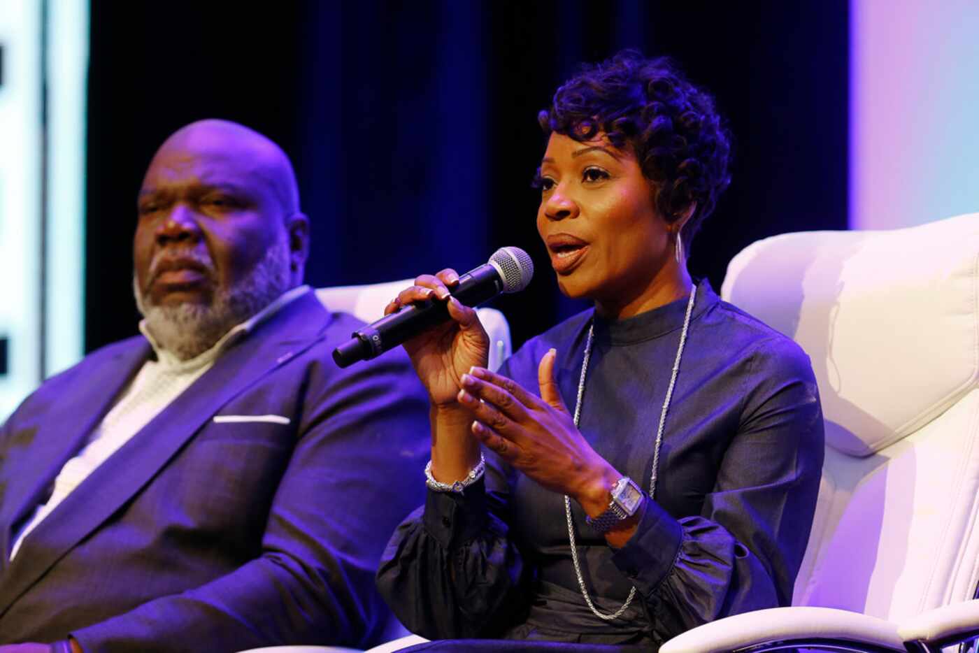 Dallas Police Chief U. Renee Hall speaks next to Bishop T.D. Jakes during the Blue on the...
