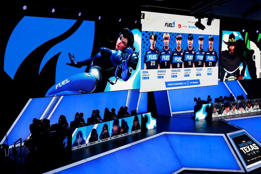 The Dallas Fuel players are introduced on the video board before their Overwatch League...