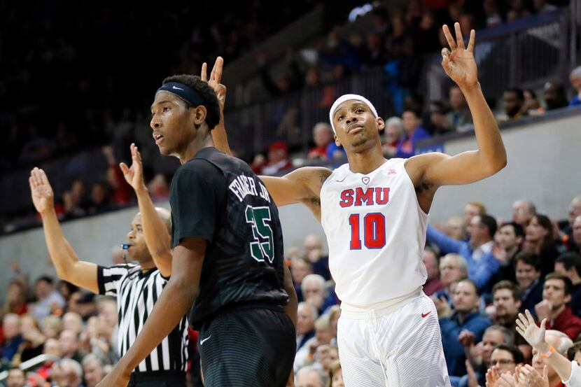 File - In this Feb. 15, 2017 photo, SMU guard Jarrey Foster (10) celebrates sinking a...