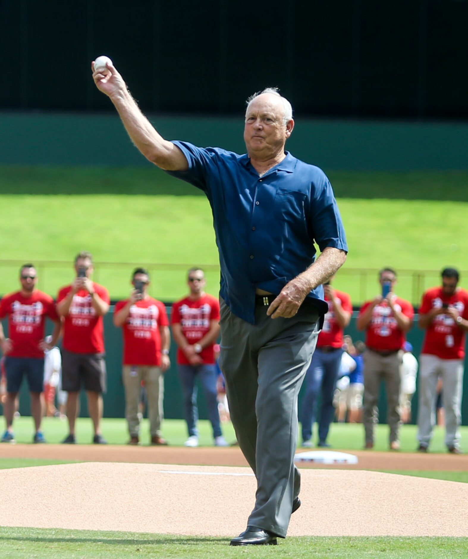 Nolan Ryan throws out the first pitch before a MLB game between Texas Rangers and New York...