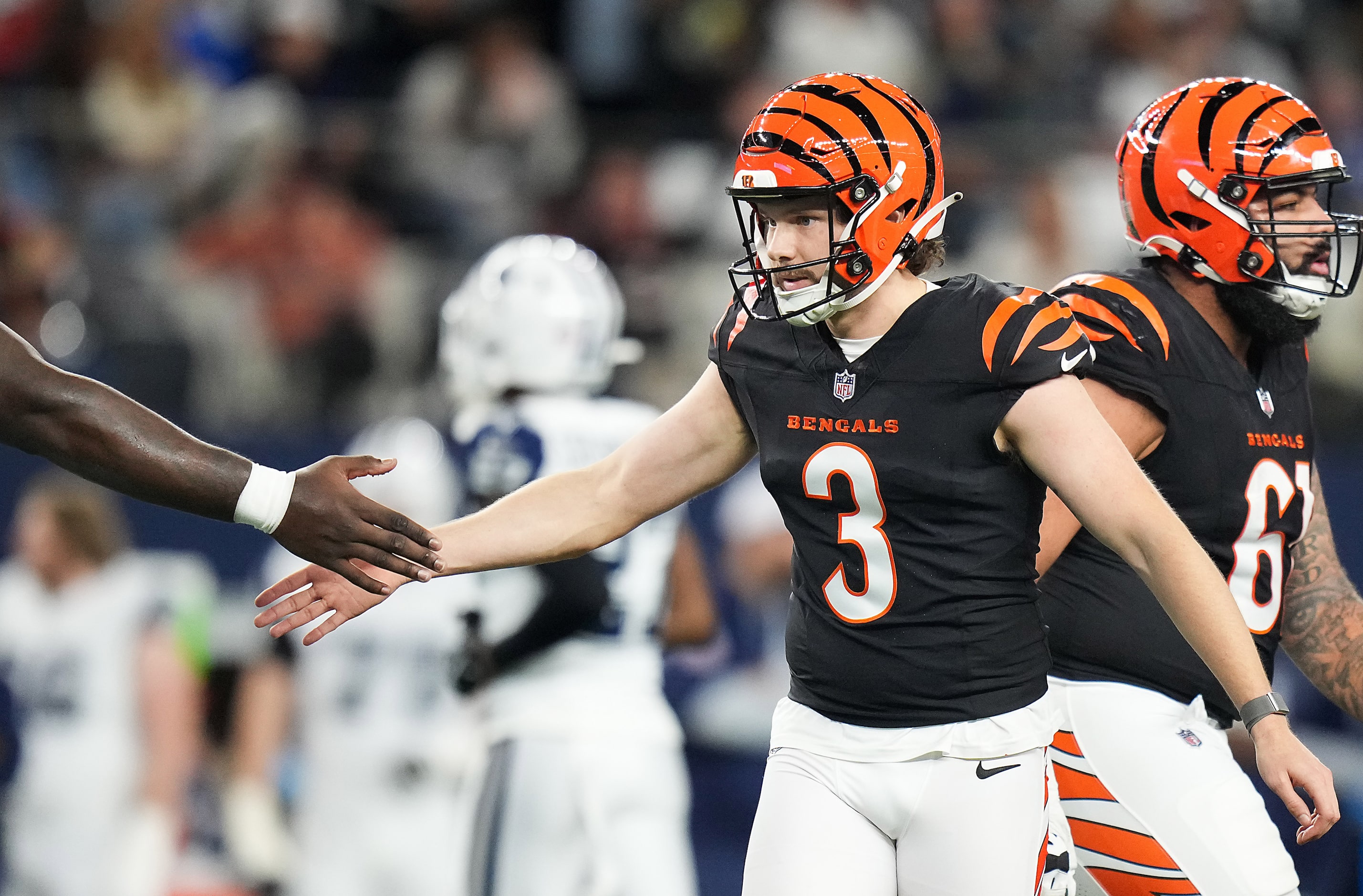 Cincinnati Bengals kicker Cade York celebrates after a point after try during the first half...