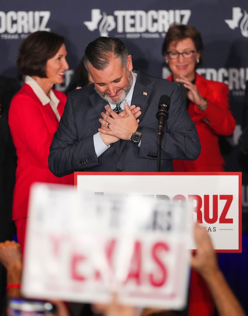 Sen. Ted Cruz, R-Texas, thanks supporters during an election night watch party on Tuesday,...