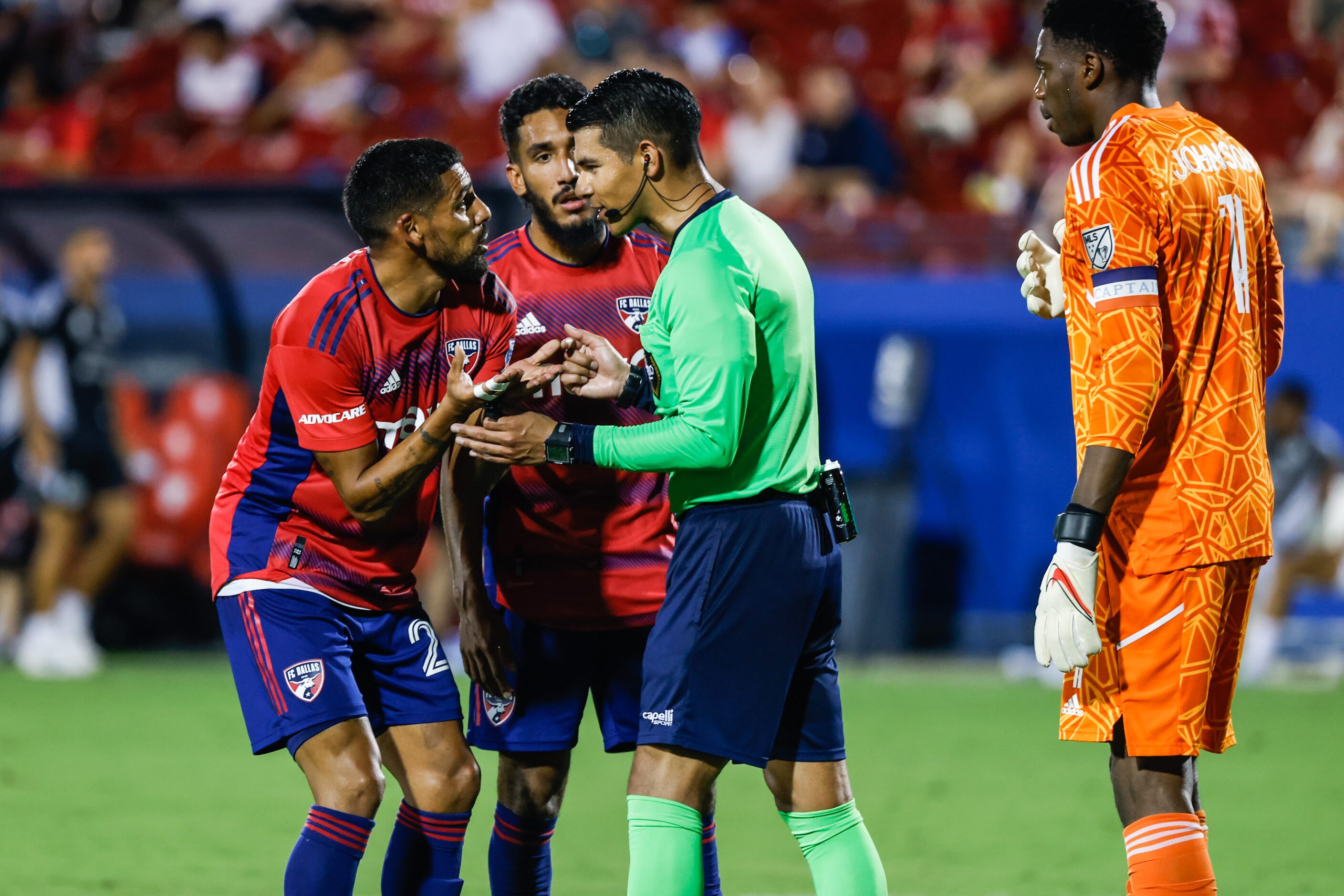 FC Dallas forward Franco Jara (29) argues a play with referee Victor Rivas during the second...