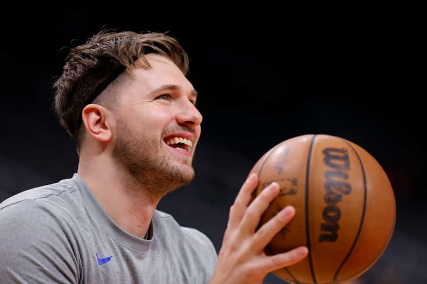 Luka Doncic #77 of the Dallas Mavericks warms up prior to the game against the Atlanta Hawks...