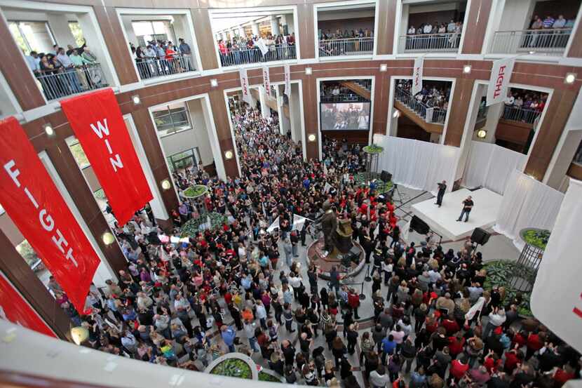 J.C. Penney CEO Myron "Mike" Ullman addresses employees at a rally held at the company...