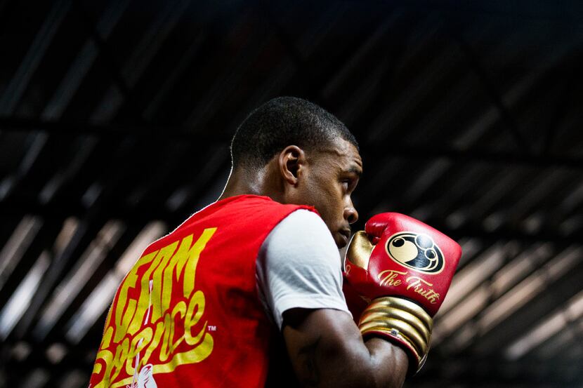 Number one ranked IBF Welterweight contender Errol Spence, Jr. works out with his trainer,...