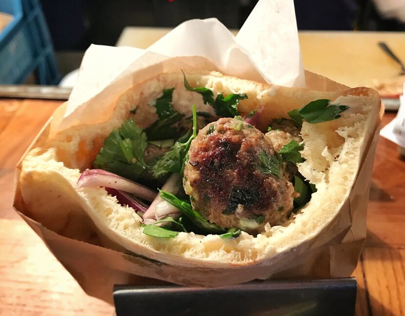 A lamb kebab sandwich at Miznon, an Israeli sandwich shop in the Marais