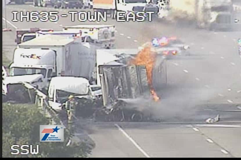 A section of the LBJ Freeway was shut down at 9 a.m. after a fiery 18-wheeler crash.