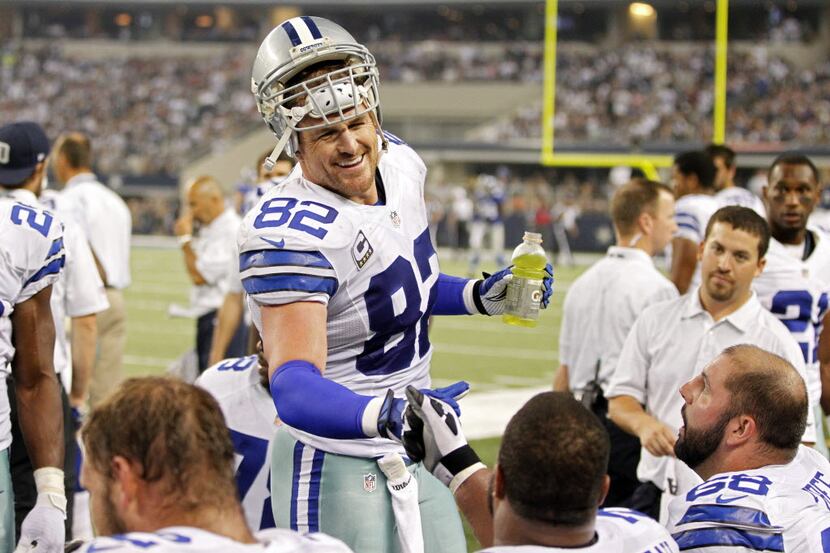 Dallas Cowboys tight end Jason Witten (82) shares a laugh with Dallas Cowboys guard Mackenzy...