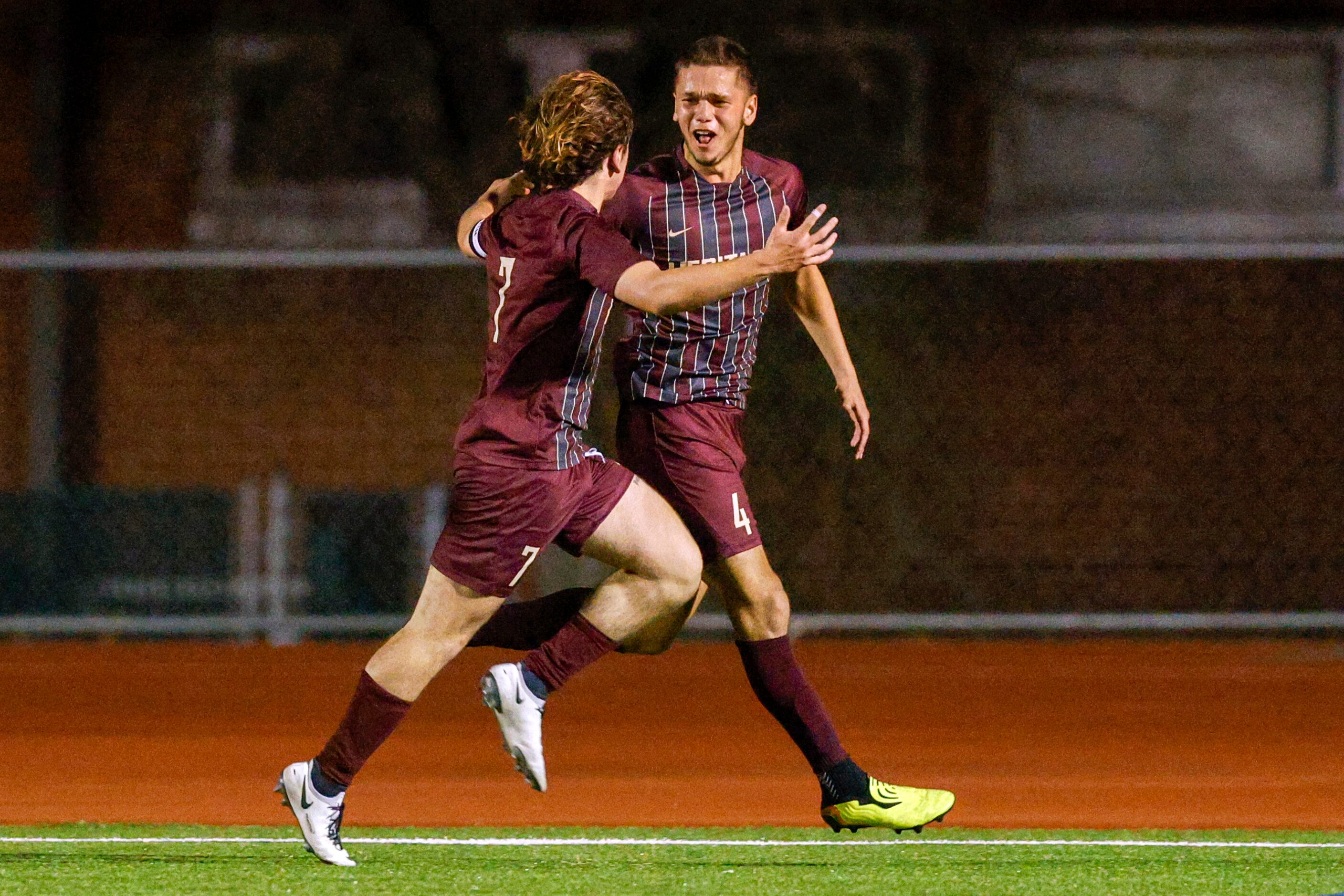 Frisco Heritage defender Patric Garrison (4) celebrates after scoring a goal with forward...