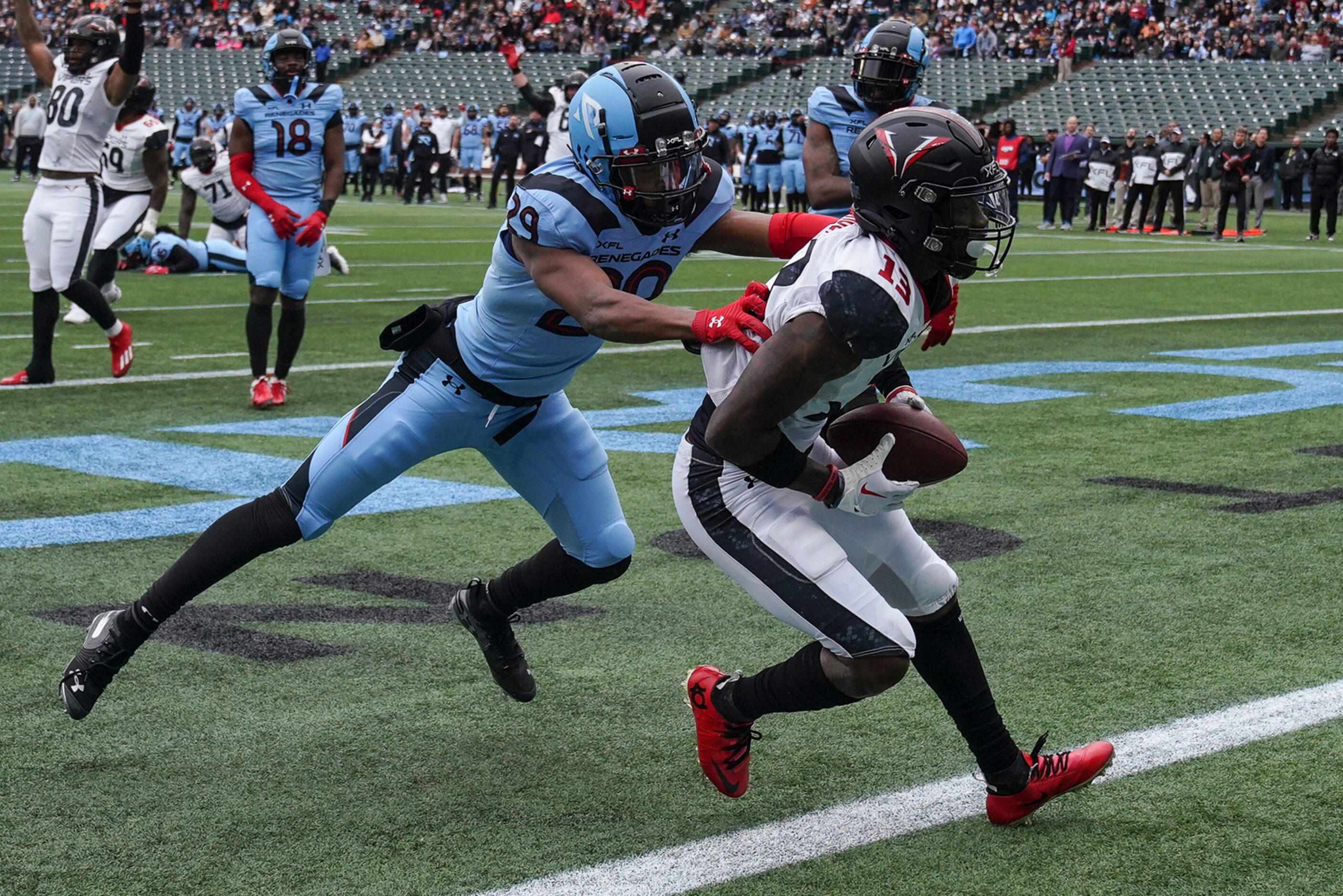 Arlington Renegades defensive back Shakur Brown (29) leaps after Vegas Vipers wide receiver...