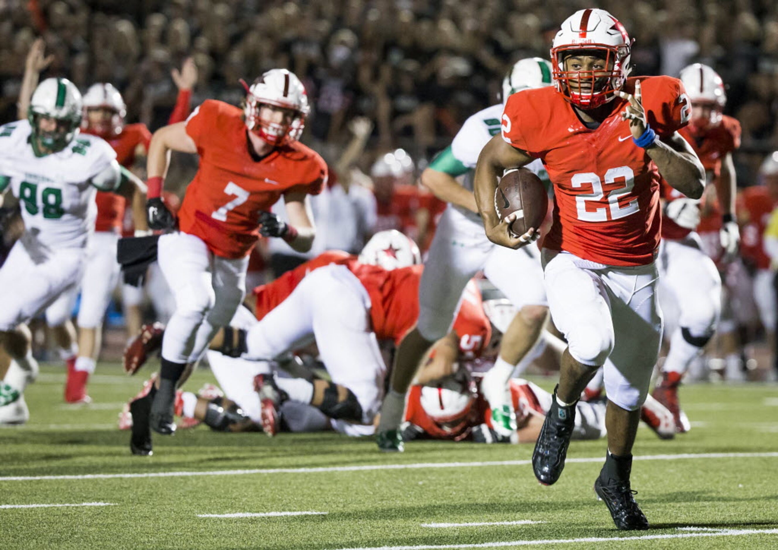 Coppell running back Brandon Rice (22) scores on a 24-yard touchdown run during the first...