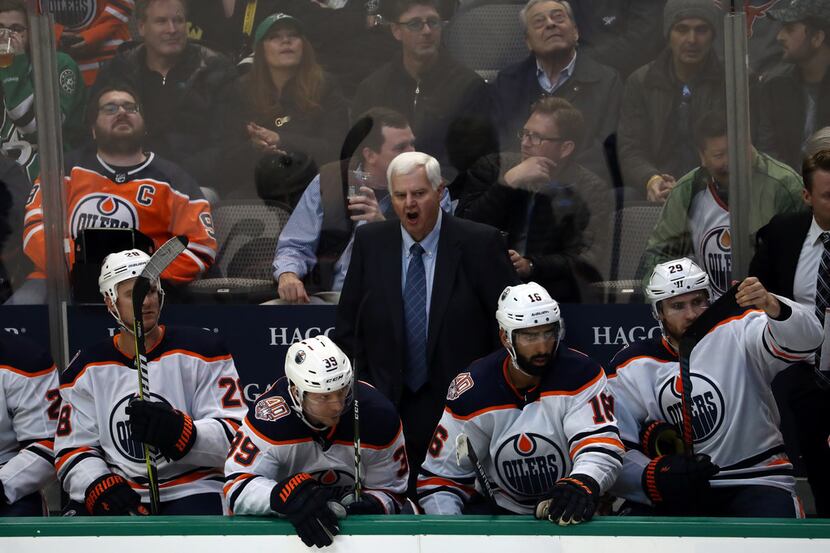 DALLAS, TEXAS - DECEMBER 03:  Head coach Ken Hitchcock of the Edmonton Oilers during play...