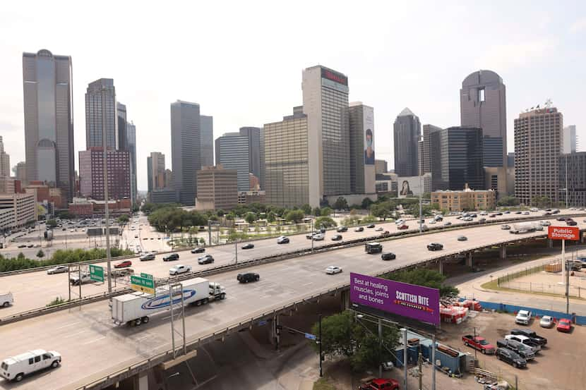 Vehicles drive across Interstate 345 on in May 2022 in Dallas, Texas.